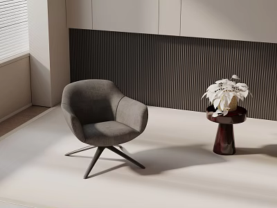 Gray Accent Chair With Side Table White Flowers Vertical Striped Dark Wall And White Cabinets 3d model