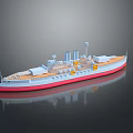 3D Rendered Warship Model With Red White Hull And Reflections On Dark Background