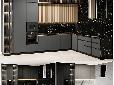 Modern Luxury Kitchen With Black Gray Cabinets Marble Countertop And Metal Accents 3d model