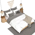 Double Bed with Gray and White Bedding Macramé Hanging Pendant Lights Wooden Side Table