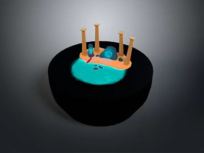 Miniature Landscape Scene With Blue Water Yellow Pillars Rock And Small Decorations 3d model
