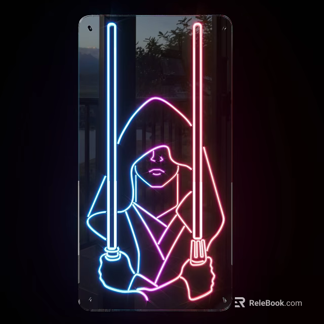 Illuminated Light Box With Neon Silhouette Figure Holding Double Swords In Blue Pink Colors 3d model 