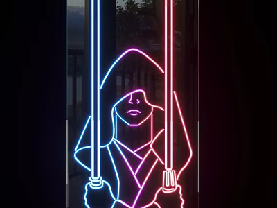 Illuminated Light Box With Neon Silhouette Figure Holding Double Swords In Blue Pink Colors 3d model