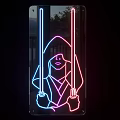 Illuminated Light Box With Neon Silhouette Figure Holding Double Swords In Blue Pink Colors