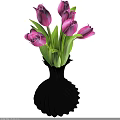 Artistic Hand Carved Black Vase With Purple Tulips And Green Leaves