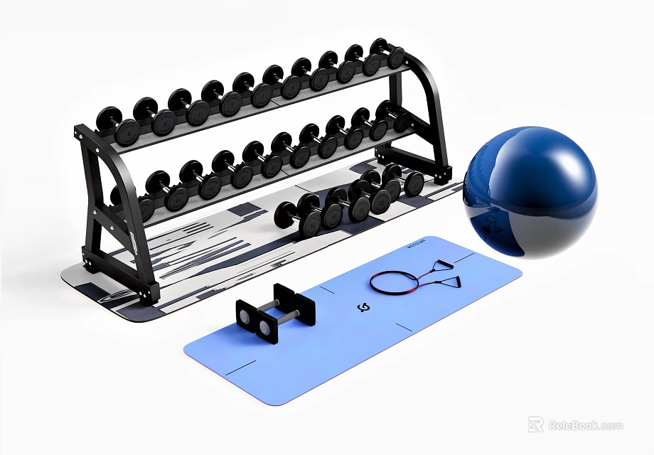 Home Gym Sports Equipment With Dumbbell Rack Dumbbells Exercise Ball Yoga Mat And Jump Rope 3d model 