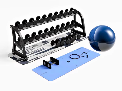 Home Gym Sports Equipment With Dumbbell Rack Dumbbells Exercise Ball Yoga Mat And Jump Rope 3d model