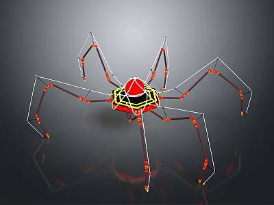Geometric Mechanical Spider Character Featuring Red Yellow Structure Long Legs And Reflective Surface 3d model