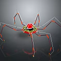 Geometric Mechanical Spider Character Featuring Red Yellow Structure Long Legs And Reflective Surface 3d model
