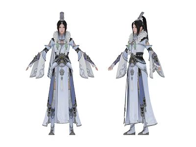Elegant Ancient Fantasy Character In White Blue Traditional Robe With Decorations Dual View 3d model