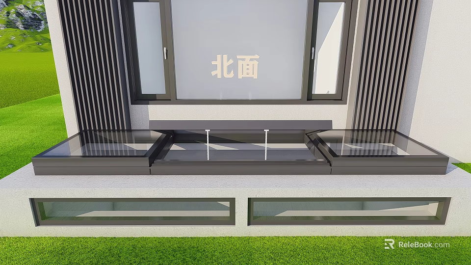 North Facing Modern Detached Villa With Glass Windows And Green Lawn Exterior 3d model 