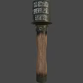 Military Weapon With Wooden Handle Metal Casing And Warning Text Inscription For Combat