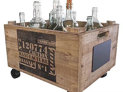 Wooden Crate With Wheels Holding Glass Bottles Side Label Chalkboard Area 3d model