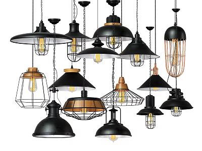 Black Industrial Vintage Pendant Lights With Metal Shades And Exposed Bulbs 3d model