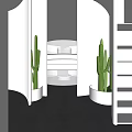 Modern Display Space With Circular Stand Laptop Curved White Shelves Gray Walls And Black Floor