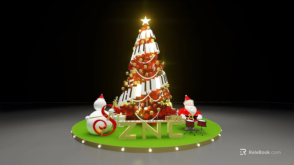 Christmas Decoration Scene With Tree Star Snowman Santa And Green Base 3d model 