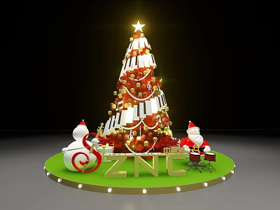Christmas Decoration Scene With Tree Star Snowman Santa And Green Base 3d model