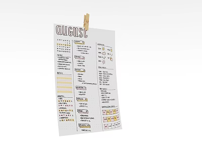 Book Magazine August Monthly Planner Page With Lists Icons And Progress Bars 3d model