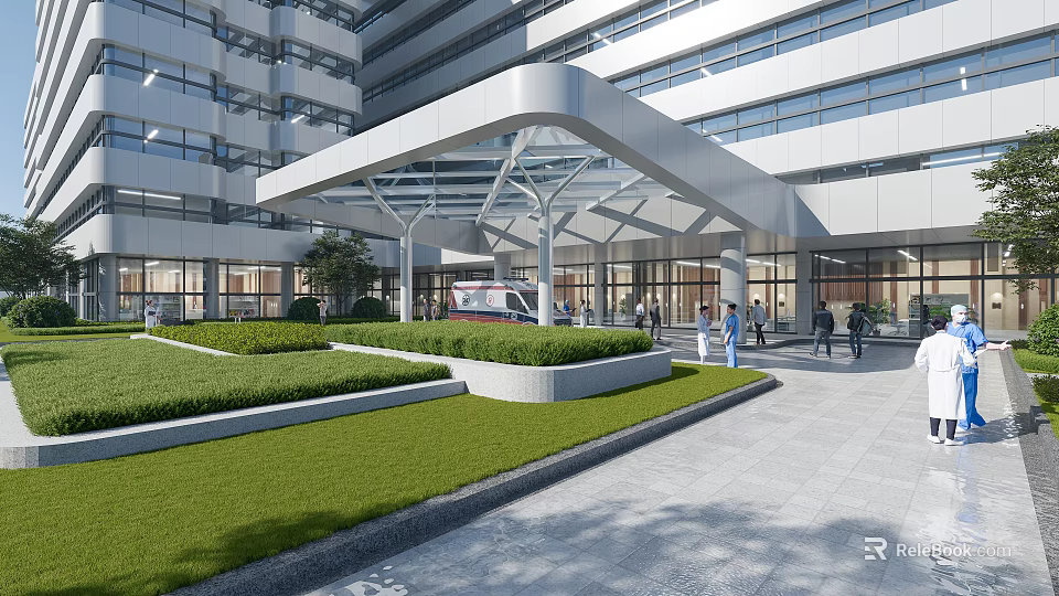Modern Office Building With Glass Curtain Walls Canopy Entrance Landscaped Lawn And Pedestrians 3d model 