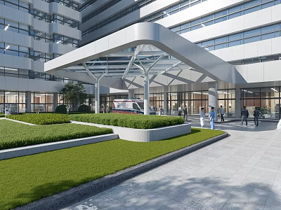 Modern Office Building With Glass Curtain Walls Canopy Entrance Landscaped Lawn And Pedestrians 3d model
