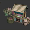 Traditional Street Food Stall With Thatched Roof Wooden Cart Barrels And Display Counter