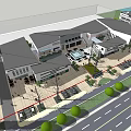 Modern Commercial Street With Stylish Buildings Parking Area And Green Landscaping