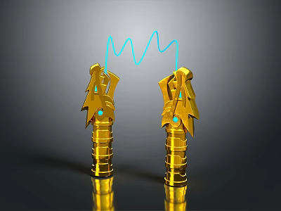 Twin Golden Mythical Beast Head Weapons With Blue Energy Current Connecting Tips 3d model