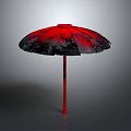 Outdoor Patio Furniture Umbrella With Red And Black Patterned Canopy And Red Handle