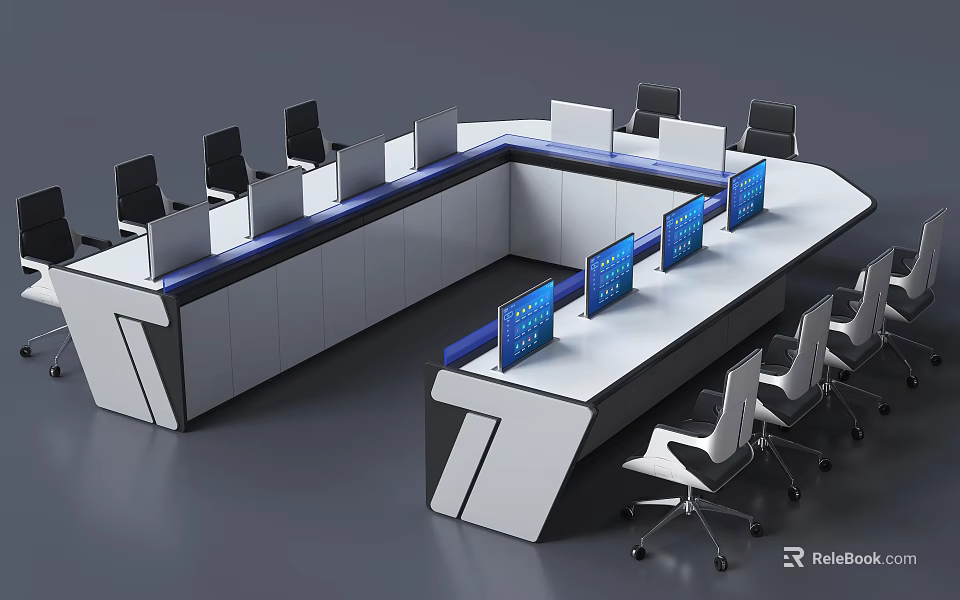 Modern Office Desk With Curved Design Multiple Blue Monitors Ergonomic Chairs And Storage Units 3d model 