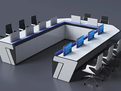 Modern Office Desk With Curved Design Multiple Blue Monitors Ergonomic Chairs And Storage Units 3d model