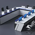 Modern Office Desk With Curved Design Multiple Blue Monitors Ergonomic Chairs And Storage Units