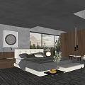 Modern Bedroom Interior With Gray Walls Large Windows Wooden Panels White Bed And Decorative Art