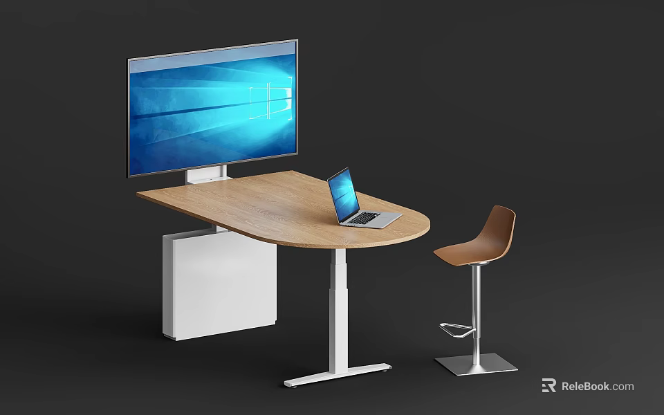 Wooden Curved Conference Table With Laptop Monitor Chair And Metal Frame Design 3d model 
