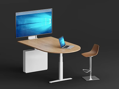Wooden Curved Conference Table With Laptop Monitor Chair And Metal Frame Design 3d model