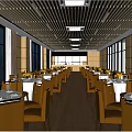Elegant Restaurant Interior With Yellow Chairs White Round Tables Wooden Flooring And Large Windows