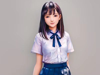 Young Woman In School Uniform Style With White Shirt Blue Bow Tie Long Hair And Blue Skirt 3d model