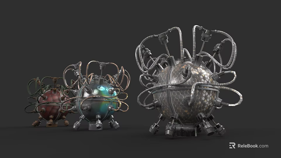 Intricate Metallic Spherical Sculptures With Tangled Structures And Multicolored Finishes 3d model 