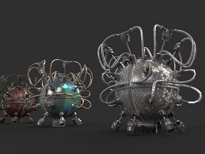 Intricate Metallic Spherical Sculptures With Tangled Structures And Multicolored Finishes 3d model