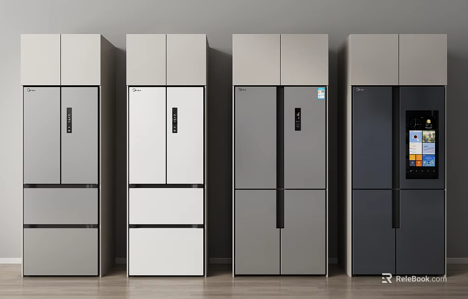 Modern Household Refrigerators With Various Door Designs And Color Options Displayed Side By Side 3d model 
