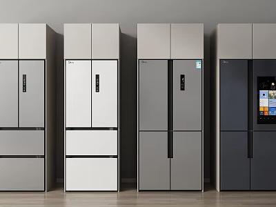 Modern Household Refrigerators With Various Door Designs And Color Options Displayed Side By Side 3d model