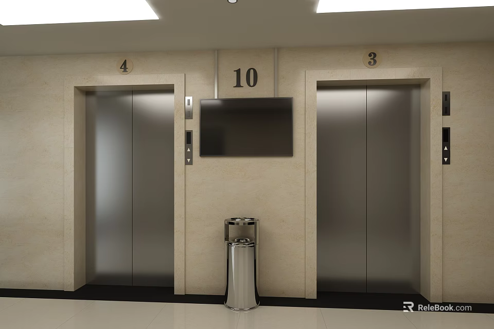 Public Facility Elevator Lobby Featuring Stainless Steel Elevators Floor Numbers Digital Screen And Trash Can 3d model 