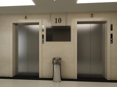 Public Facility Elevator Lobby Featuring Stainless Steel Elevators Floor Numbers Digital Screen And Trash Can 3d model