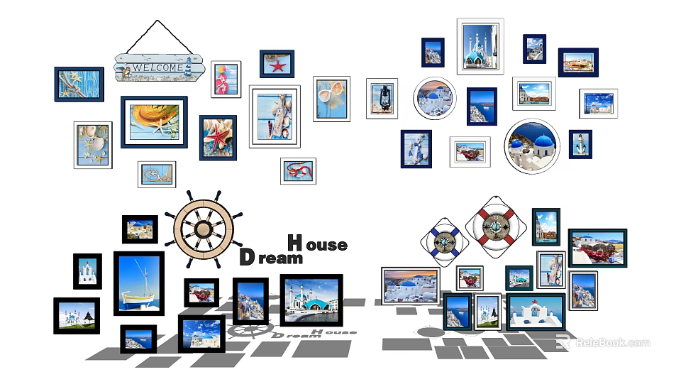 Photo Wall With Various Framed Dream House Pictures Ship Wheel And Lifebuoy Decor 3d model 