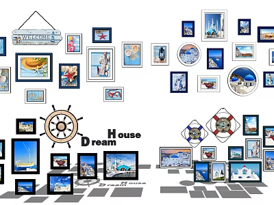 Photo Wall With Various Framed Dream House Pictures Ship Wheel And Lifebuoy Decor 3d model
