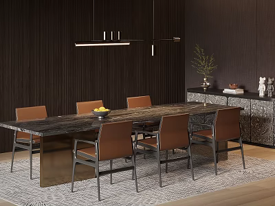 Dark Wood Dining Table Set With Brown Upholstered Chairs Metal Legs Hanging Pendant Light 3d model