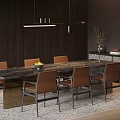 Dark Wood Dining Table Set With Brown Upholstered Chairs Metal Legs Hanging Pendant Light