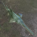 Green Sawfish Aquatic Animal With Long Serrated Rostrum In Outdoor Grassy Field With Trees