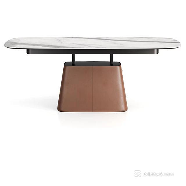 Modern Oval Dining Table With Marble Top And Brown Leather Base 3d model 