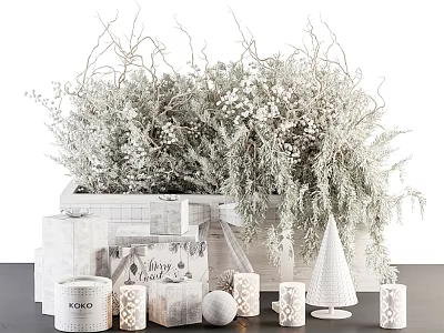 White Decorative Ornament Set With Floral Bouquet Gift Boxes Candles Christmas Tree And Balls 3d model