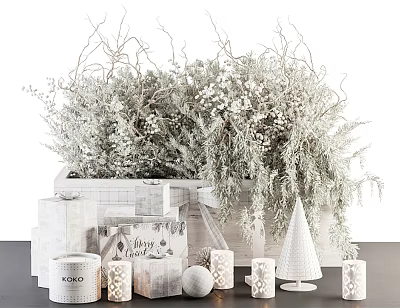 White Decorative Ornament Set With Floral Bouquet Gift Boxes Candles Christmas Tree And Balls 3d model